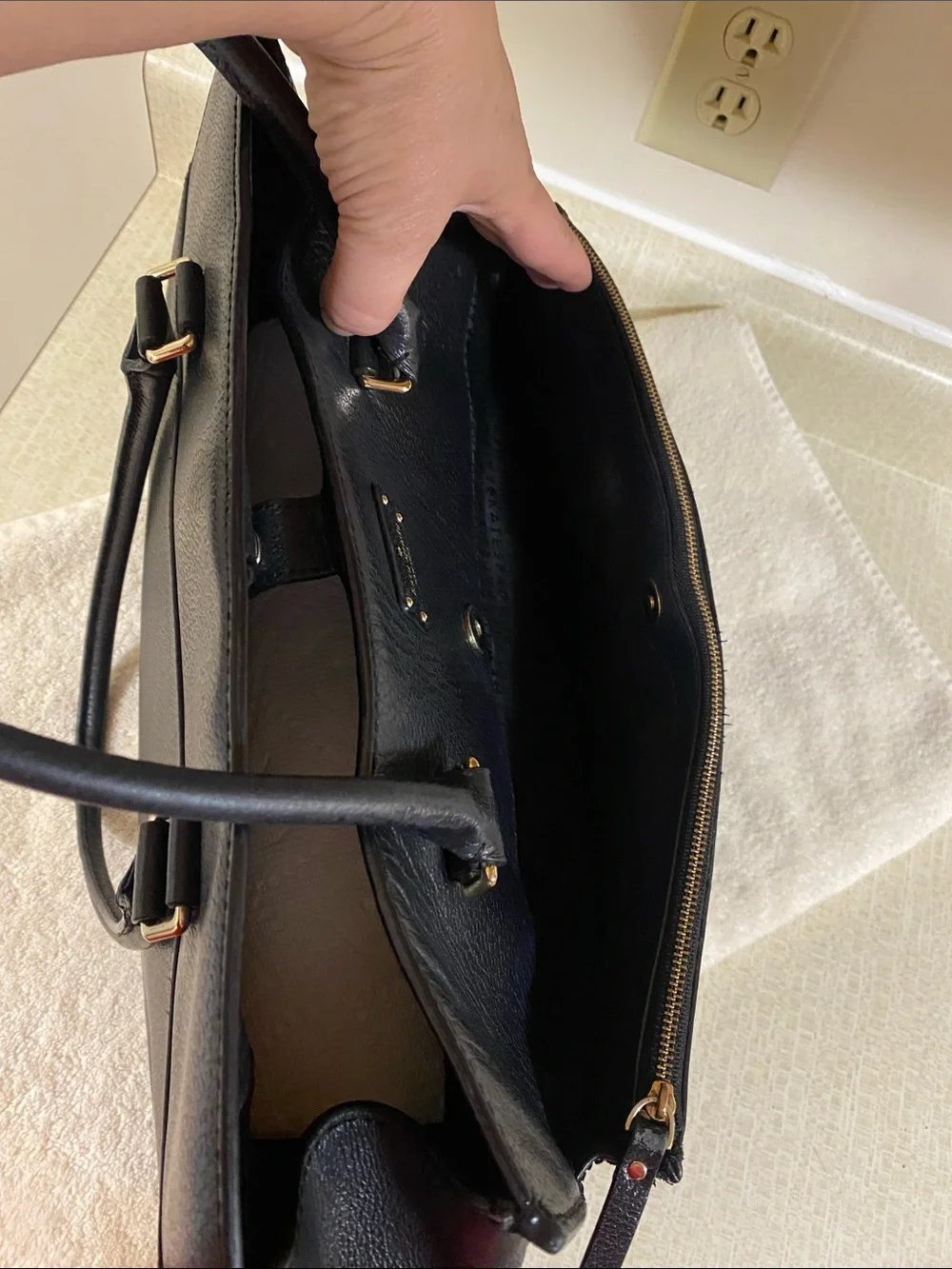 kate spade Black Leather Structured Tote with Gold Plaque